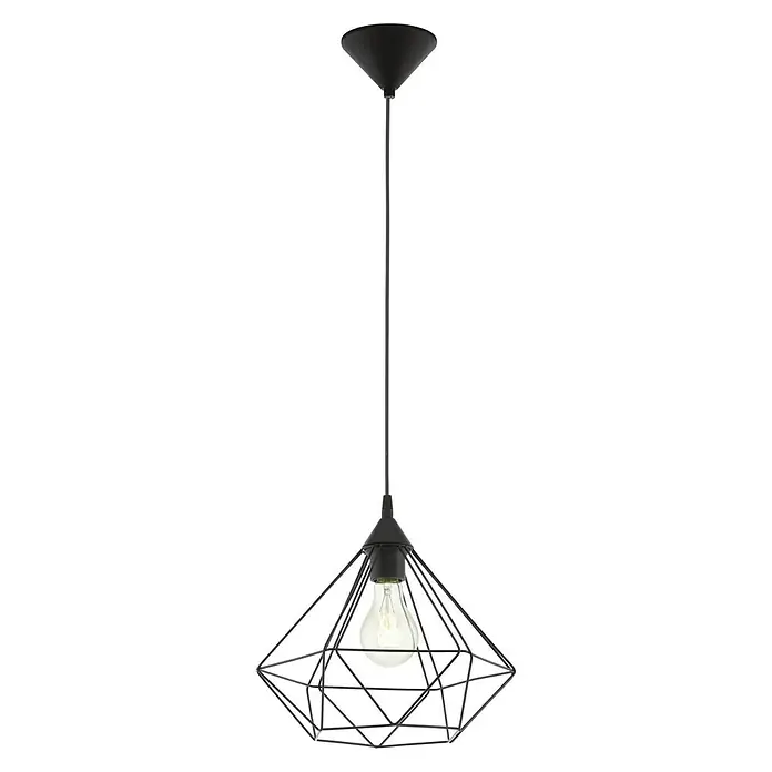Eglo Tarbes Lámpara colgante redonda - Negro, Altura: 110 cm, Diámetro: 325 mm - Una lámpara colgante negra moderna con una pantalla geométrica y una bombilla visible, ideal para iluminación interior elegante.
