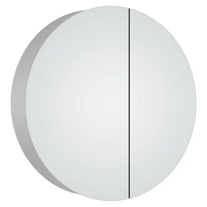 DSK Spiegelschrank Round - Aluminium, Silber - Weißes, rundes Medikament mit einer Kerbe in der Mitte, dargestellt vor einem schwarzen Hintergrund.