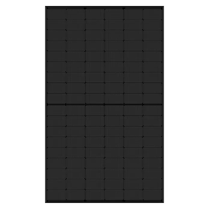 Trina Solarmodul TSM-445-NEG9R.25 - 0% MwSt. (gem. § 12 Abs. 3 UStG) - Monofazial, 445 W, L x B x H: 176,2 x 113,4 x 3 cm - Abbildung eines schwarzen Solarmoduls mit vielen kleinen Zellen, umweltfreundliche Stromerzeugung.