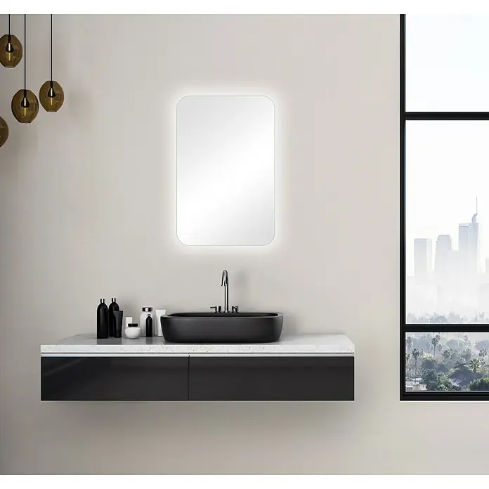 DSK LED-Spiegelschrank Elegance - B x H: 40 x 60 cm, Aluminium, Schwarz - Modernes Badezimmer mit einem schwarzen Waschtischunterschrank, einem Aufsatzwaschbecken und einem beleuchteten Spiegel.