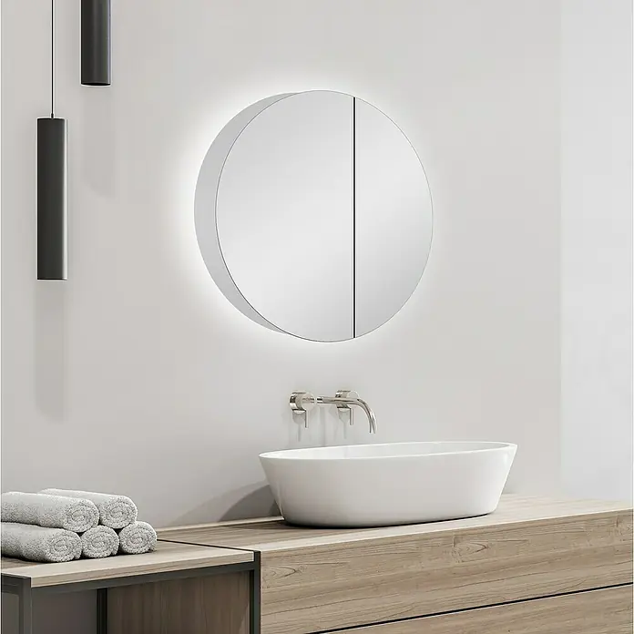 DSK LED-Spiegelschrank Bright - B x H: 60 x 60 cm, Aluminium, Silber - Ein moderner Badezimmerwaschtisch mit einem runden Spiegelschrank mit LED-Beleuchtung und einer stilvollen Aufsatzwaschbecken.