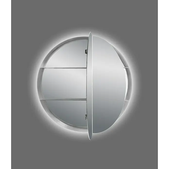 DSK LED-Spiegelschrank Bright - B x H: 60 x 60 cm, Aluminium, Silber - Runde Spiegelschrank-Kombination mit integrierter Beleuchtung und praktischen Ablageflächen für Badezimmerartikel.
