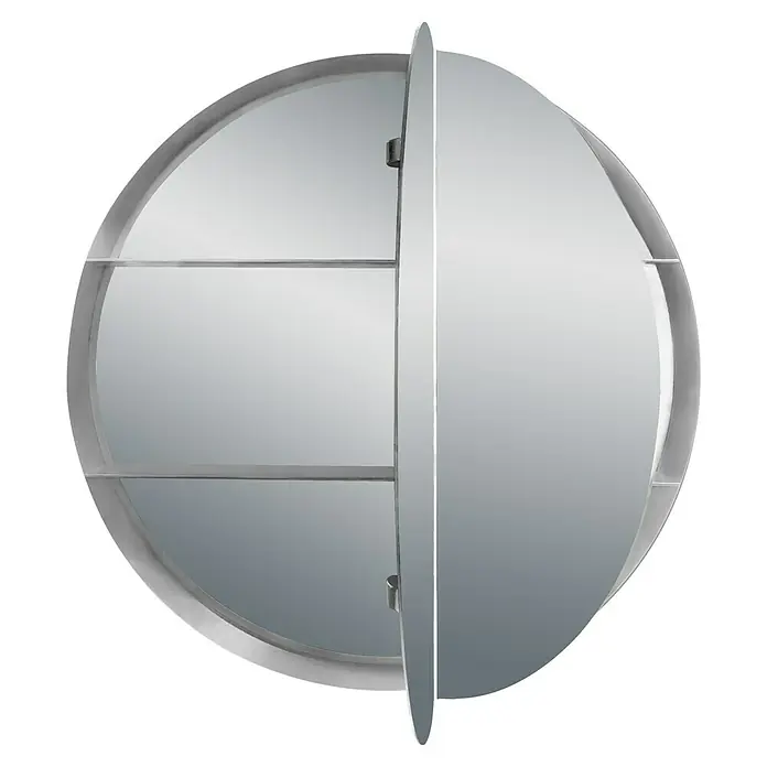 DSK Spiegelschrank Round - Aluminium, Silber - Runder Spiegelschrank mit verspiegelter Tür und Innenregalen. Der Spiegelschrank bietet praktischen Stauraum im Badezimmer.