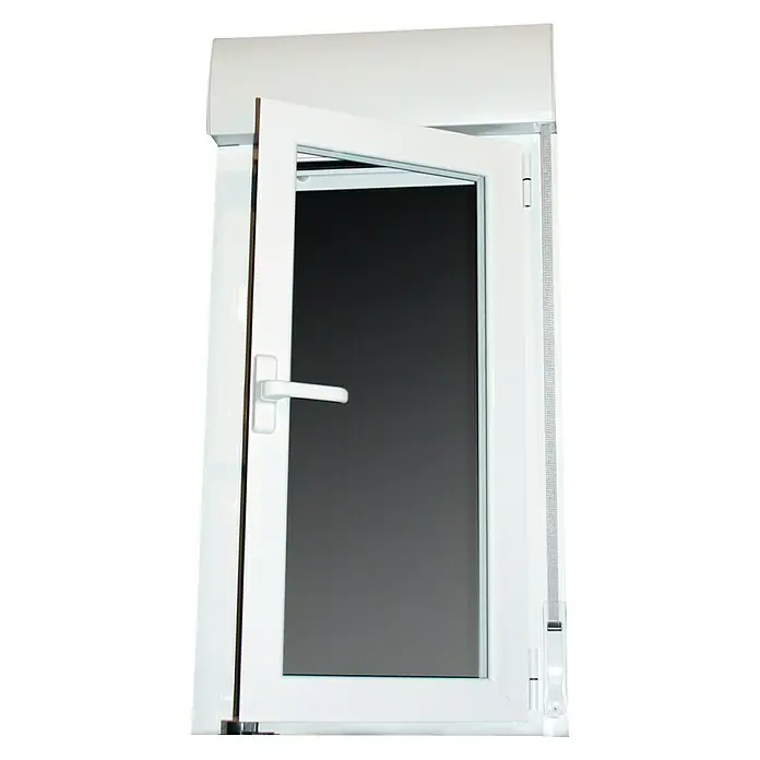 Solid Elements Ventana de aluminio practicable - 60 x 115 cm, Derecha, Blanco - Ventana blanca con hoja abatible abierta y cajón de persiana enrollable. La ventana tiene maneta y es de diseño moderno.