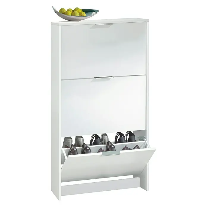 Zapatero Trine - L x An x Al: 22 x 60 x 113 cm, Blanco - Un armario de zapatos blanco con varios compartimentos, parcialmente lleno de zapatos, se encuentra sobre un fondo blanco.