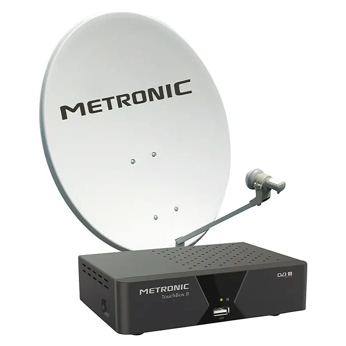 Metronic Receptor de satélite con antena parabólica - L x An x Al: 12 x 18 x 4 cm, Negro, Blanco - Receptor Metronic TouchBox 8 DVB-S con antena parabólica y LNB. Disfruta de la televisión de alta definición con este receptor.