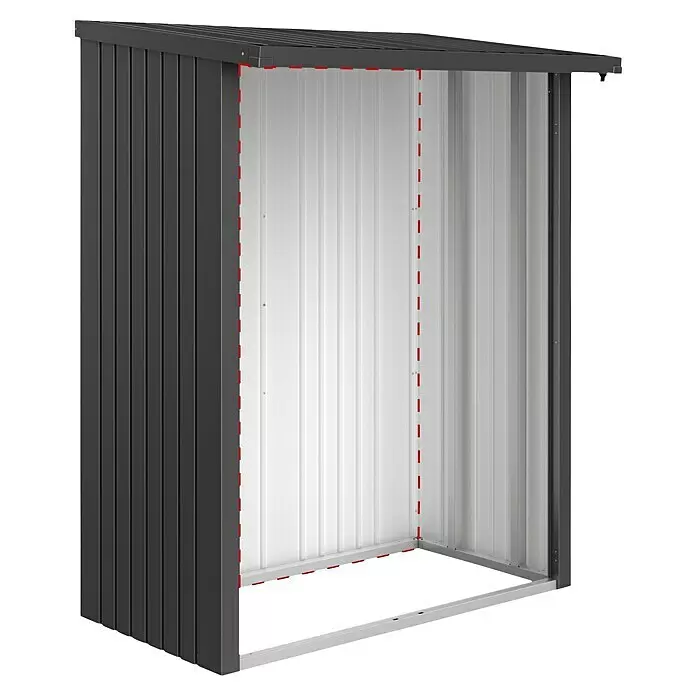 Biohort WoodStock Rückwand WoodStock 150 - B x H: 1,46 x 1,97 m, Stahl, Dunkelgrau Metallic - Dunkelgrauer Metall-Anlehnschuppen mit offener Front und hellem Innenbereich.