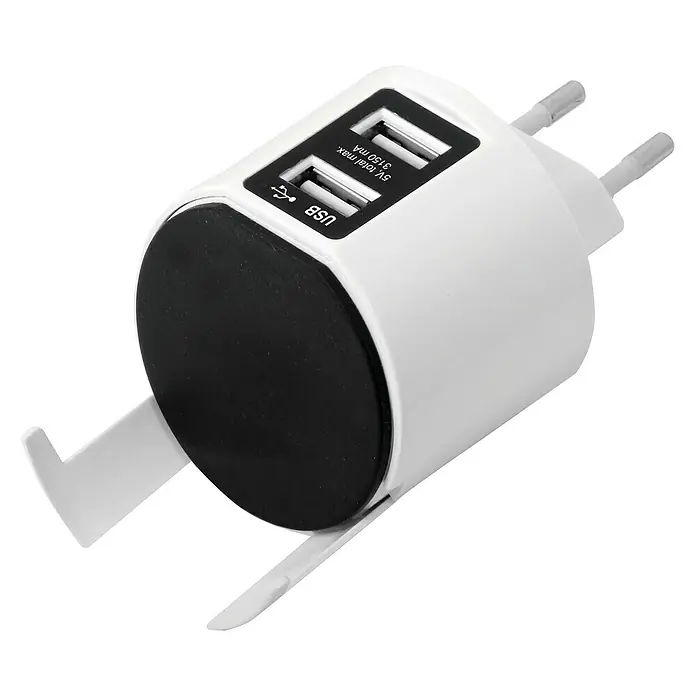 Simon Adaptador USB Combi con soporte - Blanco - Esta imagen muestra un adaptador de carga USB blanco con dos puertos USB y un área negra para el montaje en pared.