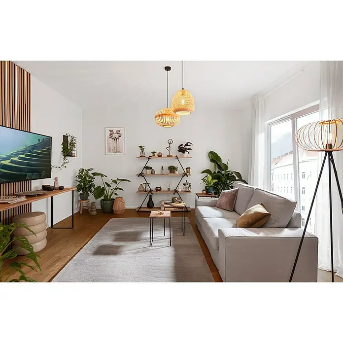 SCHÖNER WOHNEN-Farbe Wandfarbe Designfarbe - Leichtes Leinenbeige, Matt, 2,5 l, Konservierungsmittelfrei - Ein stilvolles Wohnzimmer mit einem grauen Sofa, einem modernen Regal und Pflanzen, die eine gemütliche Atmosphäre schaffen.