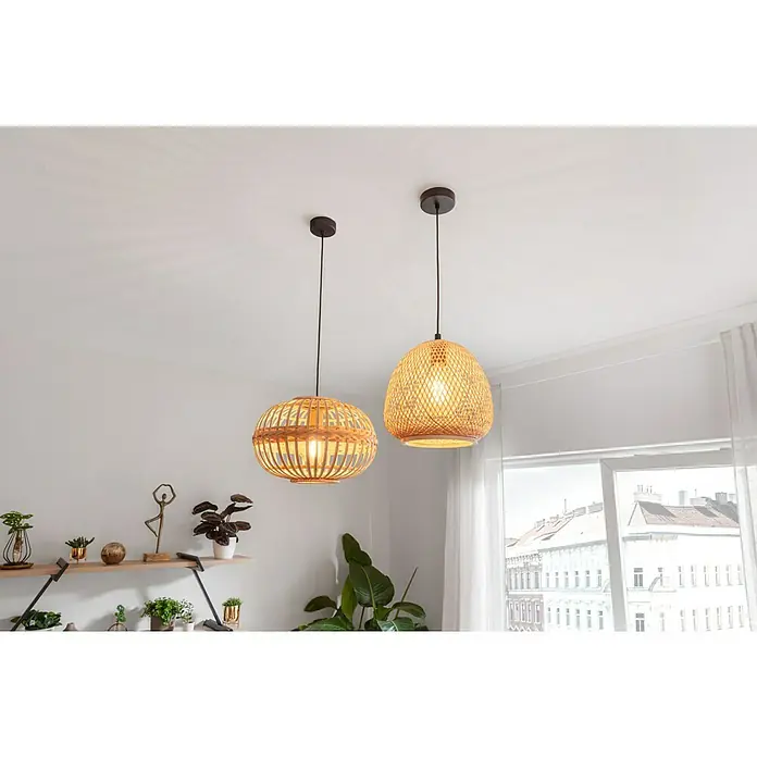 Eglo Pendelleuchte rund Amsfield - 60 W, Ø x H: 380 mm x 110 cm, Braun, E27 - Zwei dekorative Hängelampen aus Rattan, die ein warmes Licht in den Raum werfen. Ein Blickfang für jedes moderne Zuhause.