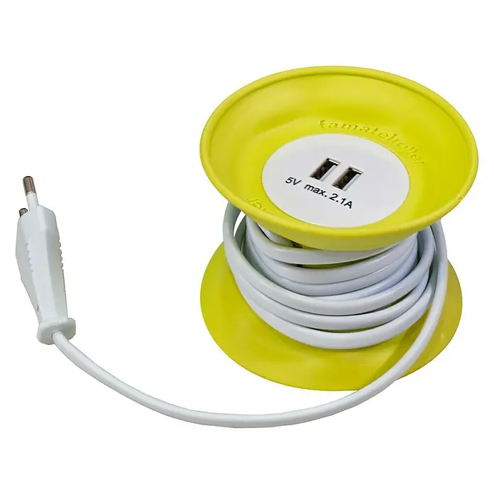 Famatel Alargo Roller - Largo: 2 m, PVC - Carrete de cable amarillo con puertos USB y un cable blanco enrollado, perfecto para cargar dispositivos en casa o de viaje.