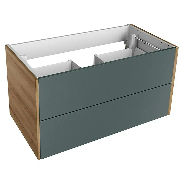 Lanzet Q4 Waschtischunterschrank - 92,4 x 49,5 x 48 cm, Verde/Berg Eiche/Goldbronze - Ansicht eines Badezimmerschranks mit Holzverkleidung und grauen Schubladen, der Stil und Funktionalität für moderne Badezimmer vereint.