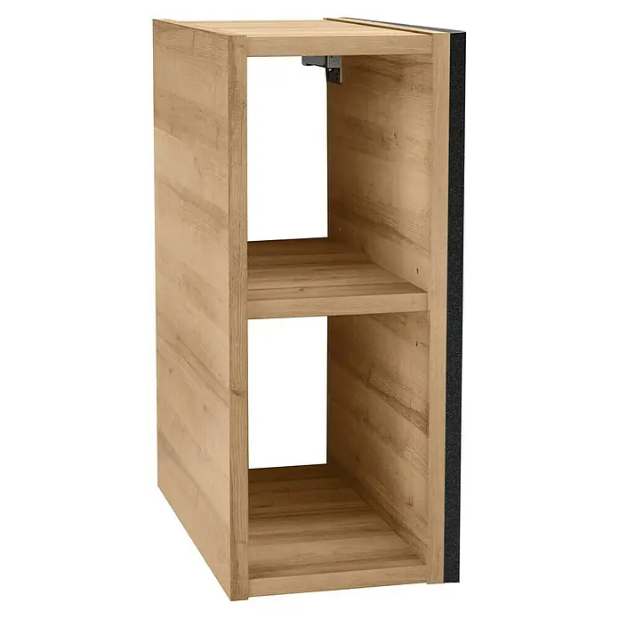 Lanzet Q4 Waschtischunterschrank - 92,8 x 50,5 x 49,2 cm, Berg Eiche/Schwarz - Das Bild zeigt einen modernen Holzschrank mit zwei Fächern, ideal für stilvolle Aufbewahrungslösungen im Wohnbereich.