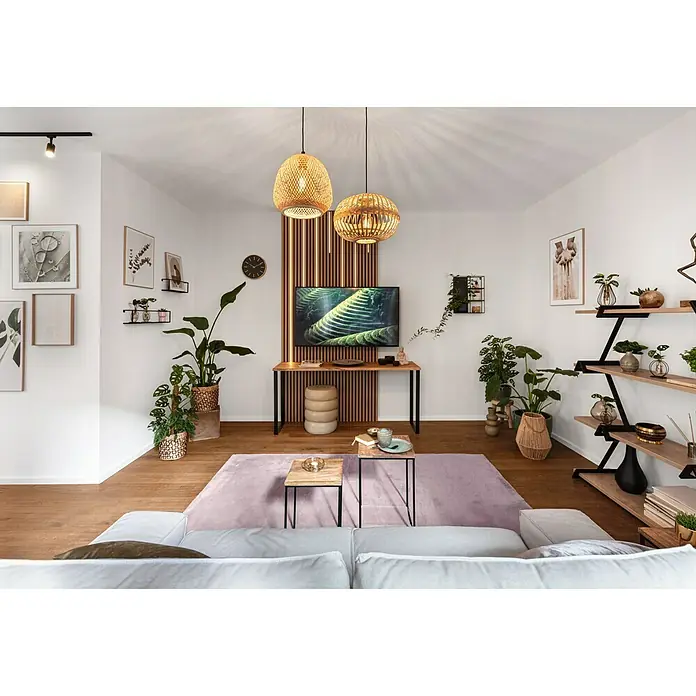 Rei Möbelfuß Strong - L x B x H: 4 x 38,5 x 71 cm, Traglast: 250 kg, Stahl, Schwarz - Einrichtungsidee für ein Wohnzimmer mit natürlichen Materialien und Pflanzen, die eine gemütliche und einladende Atmosphäre schaffen.