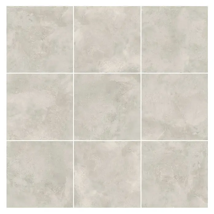 Queens Feinsteinzeugfliese - 79,8 x 79,8 cm, Weiß, Matt - Nahaufnahme von neun hellgrauen Bodenfliesen mit einem subtilen Marmormuster, die durch weiße Fugenlinien getrennt sind.