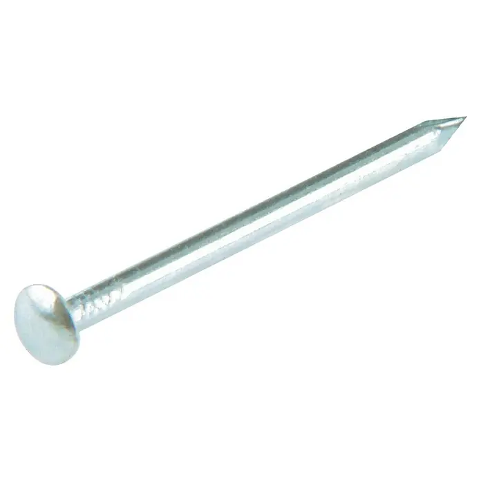 Schilderstifte - Ø x L: 1,6 x 17 mm, Vernickelt, 100 Stk. - Nahaufnahme eines glänzenden, silberfarbenen Nagels mit flachem Kopf und spitzer Spitze vor schwarzem Hintergrund.