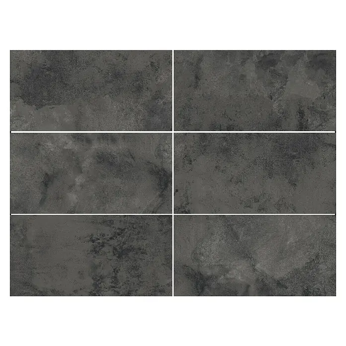 Queens Feinsteinzeugfliese - 59,8 x 119,8 cm, Graphit, Matt - Ein dunkles, steinartiges Fliesenmuster mit unregelmäßigen Texturen, geteilt durch weiße Linien für eine detaillierte Ansicht der Oberfläche.