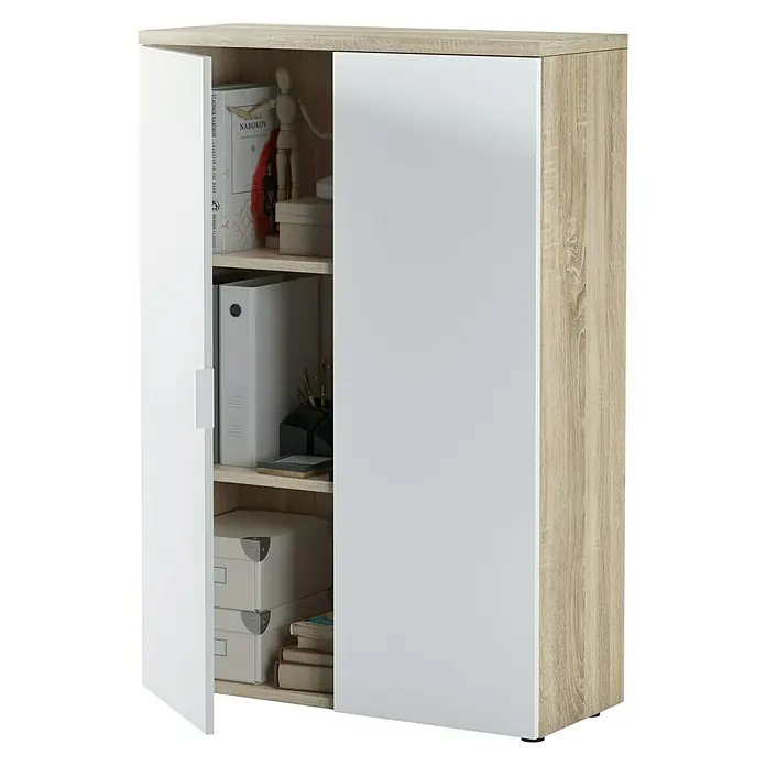 Armario multiusos de madera Office - L x An x Al: 32,5 x 80 x 119 cm, Roble Canadian/Blanco Artik - Imagen de un armario de oficina con una puerta abierta, que muestra espacio de almacenamiento con estantes, ideal para organizar material de oficina y archivos.