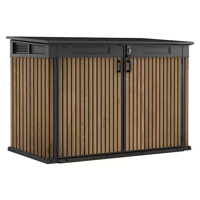 Keter Truhe Signature Venetian Grande Store - L x B x H: 109,3 x 190,5 x 132 cm, Braun - Outdoor-Aufbewahrungsschrank mit braunen Holzlatten-Paneelen, schwarzem Rahmen, Dach und Sockel. Mit Doppeltüren, Griffen und Riegel für sichere Lagerung.