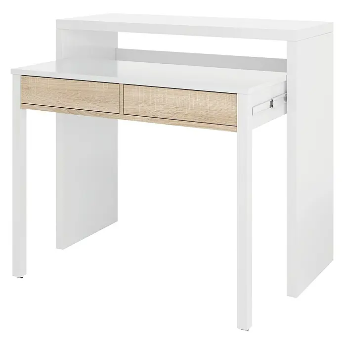 Mesa de escritorio - L x An x Al: 36 x 98,5 x 87,5 cm, Blanco/Roble, Extensible - Escritorio blanco con dos cajones de madera y una estantería superior para almacenamiento adicional en el estudio u oficina.