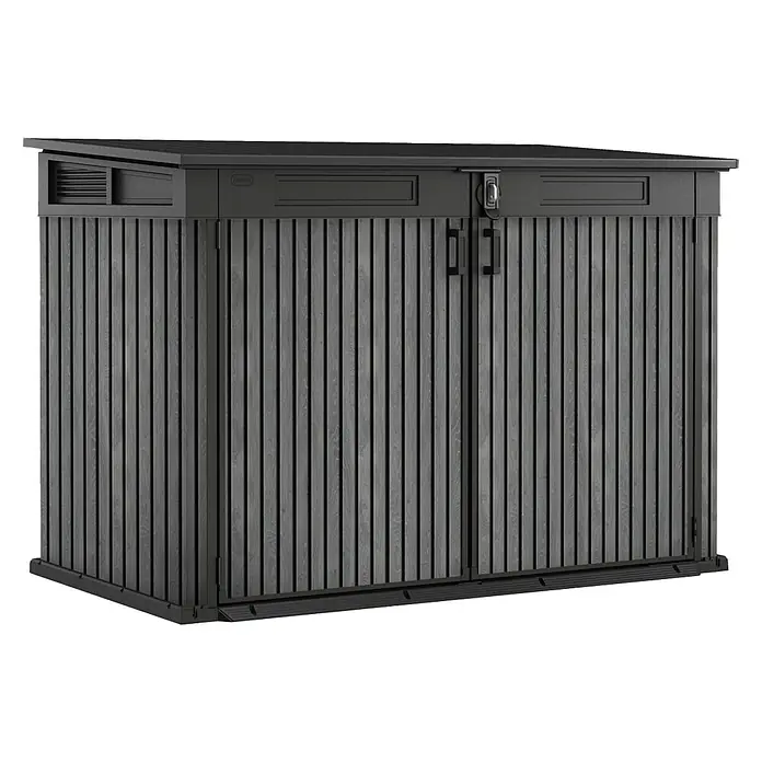 Keter Truhe Signature Venetian Grande Store - L x B x H: 109,3 x 190,5 x 132 cm, Grau - Abgebildeter Keter Gerätehaus mit Doppeltür und Oberlicht für Gartenwerkzeuge und -geräte.