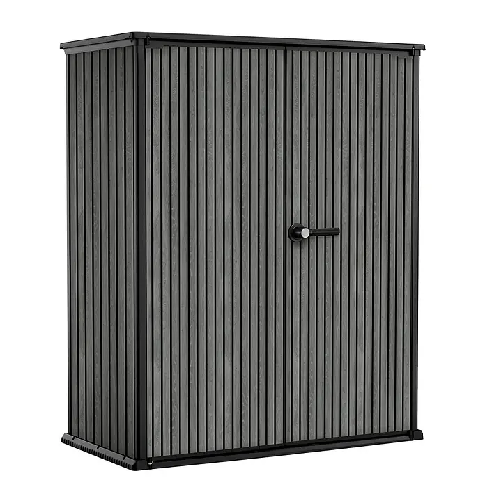 Keter Geräteschrank Signature Venetian High Store - Außenmaß inkl. Dachüberstand (B x T): 140 x 73,6 cm, Kunststoff, Grau - Bild eines geräumigen, grauen Geräteschranks mit Doppeltür und schwarzem Griff, ideal für die Gartenaufbewahrung. Robuste Bauweise für den Außenbereich.