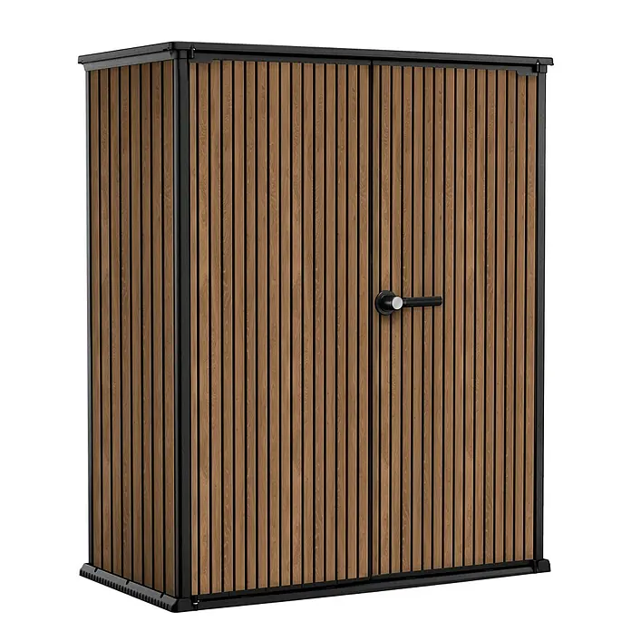 Keter Geräteschrank Signature Venetian High Store - Außenmaß inkl. Dachüberstand (B x T): 140 x 73,6 cm, Kunststoff, Braun - Abbildung eines modernen Holzschuppens mit zwei Türen und einem schwarzen Metallrahmen, ideal für die Gartenaufbewahrung.