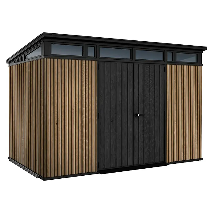 Keter Caseta para jardín Venetian Pent 11x7 - Medidas ext. (An x Pr): 340 x 218 cm, Plástico, Marrón/Antracita, 7,4 m² - Un cobertizo moderno con revestimiento de madera y puerta oscura. El cobertizo tiene ventanas en la parte superior.