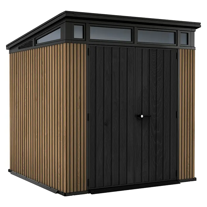 Keter Gerätehaus Signature Venetian Pent 7x7 - Außenmaß inkl. Dachüberstand (B x T): 216 x 218 cm, Kunststoff, Braun, 4,66 m² - Gartenschuppen mit vertikalen Holzpaneelen und schwarzer Doppeltür, ideal zur Aufbewahrung von Gartengeräten und -möbeln.