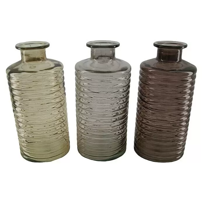 Glasvase Linea - 1 Stk., Farblich sortiert - Grau Mix, Ø x H: 14 x 31 cm - Drei gerippte Glasvasen in Bernstein, Grau und Dunkelbraun.