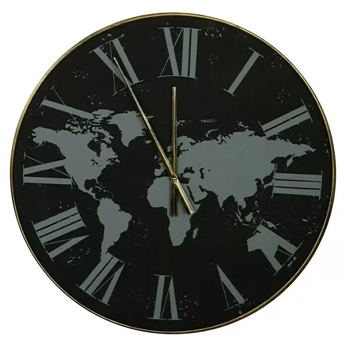 Wanduhr World - Durchmesser: 60 cm, Schwarz - Runde schwarze Uhr mit goldener Umrandung und Zeigern, versehen mit römischen Ziffern und einer grauen Weltkarte.