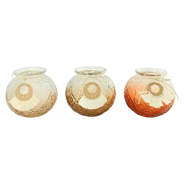 Teelichthalter Boho - 1 Stk., Farblich sortiert, Oval - Drei strukturierte Glasvasen (klar, bernstein, terrakotta) mit natürlicher Bastquaste.
