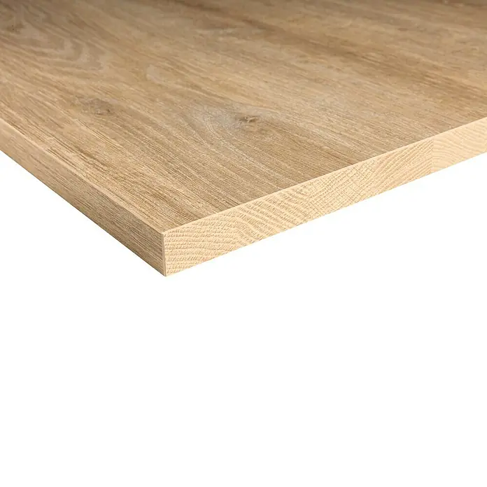Tischplatte - Robinson Eiche, 80 cm x 80 cm x 25 mm - Nahaufnahme einer hellbraunen Holzplatte mit deutlicher Maserung und abgerundeter Kante, ideal für Möbel und Innenausbau.