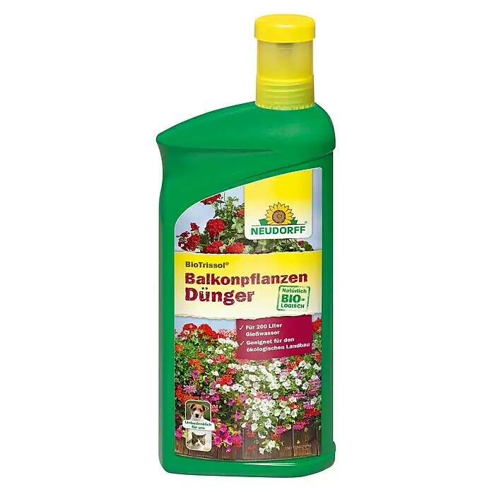 Neudorff BioTrissol Universaldünger Balkonpflanzen - 1 l - Grüne Neudorff BioTrissol Balkonpflanzen-Düngerflasche mit gelbem Deckel.