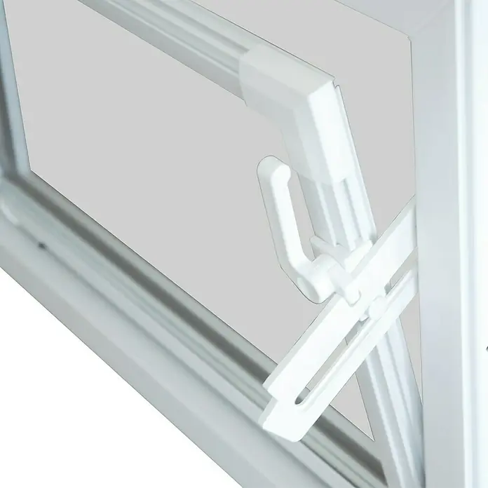 Solid Elements Kippfenster Q59 - 60 x 50 cm, Weiß - Nahaufnahme eines weißen Fenstergriffs und -rahmens. Fokus auf dem robusten Design für sichere Fensterbedienung.