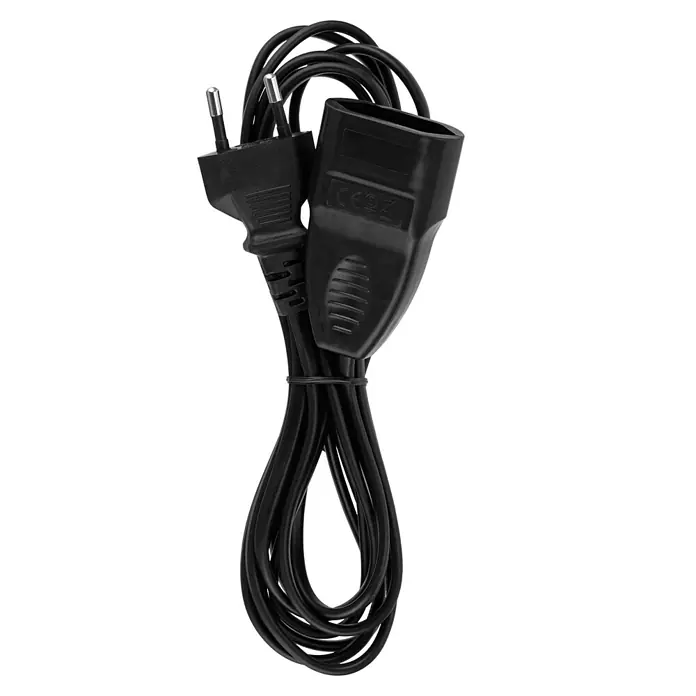 REV Verlängerungskabel - 3 m, Schwarz, IP20, H03VVH2-F - Schwarzes Stromkabel mit Eurostecker und Kaltgerätedose zur Stromversorgung elektronischer Geräte.