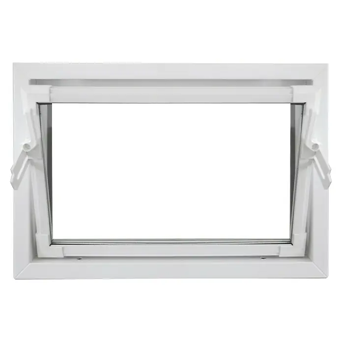Solid Elements Kippfenster Q59 - 90 x 60 cm, Weiß - Das Bild zeigt ein weißes Kippfenster, das nach unten geöffnet ist. Das Fenster ist aus Kunststoff gefertigt und hat einen Griff an der Seite.