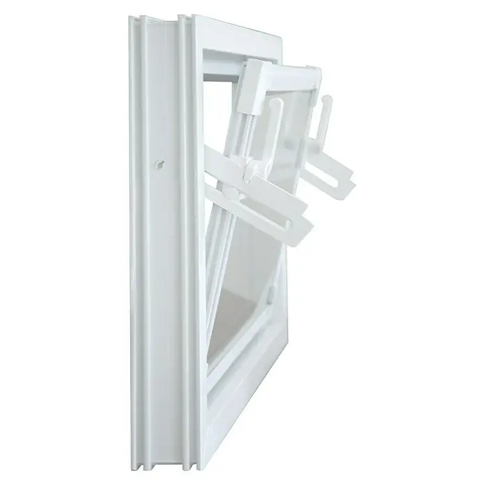 Solid Elements Kippfenster Q59 - 60 x 50 cm, Weiß - Nahaufnahme eines weißen Kippfensters mit Beschlägen, das die Funktionalität und das Design des Fensters hervorhebt.