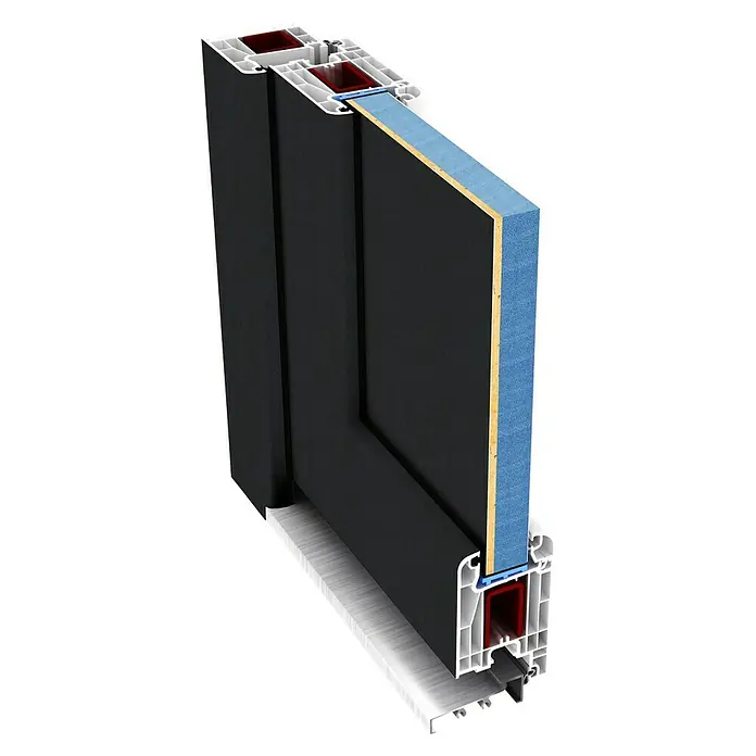 Nebeneingangstür KF-02 - 98 x 198 cm, DIN Anschlag: Rechts, Anthrazit/Weiß - Querschnitt eines Fensters mit detaillierten Schichten, das seine Isolierung und Konstruktion hervorhebt. Die verschiedenen Materialien sind deutlich erkennbar.