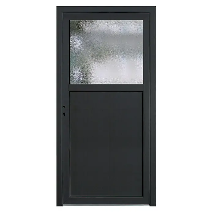 Nebeneingangstür KF-02 - 98 x 198 cm, DIN Anschlag: Links, Anthrazit/Weiß - Graue Tür mit einem oberen Glaspaneel, das eine moderne und stilvolle Optik bietet. Ideal für Eingangsbereiche und sorgt für Helligkeit.
