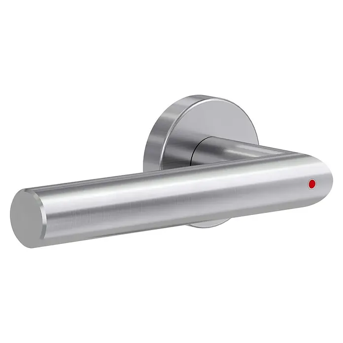 Diamond Doors Zimmertürgarnitur L-Form Premium Smart2Lock links - Stärke Tür: 38 mm - 45 mm, L-Form, Edelstahl matt, DIN Anschlag: Links, Passend für: Türen ohne Schlüssellochbohrung, Türen mit Schlüssellochbohrung benötigen zusätzlich eine Blindrosette - Nahaufnahme eines modernen Türgriffs aus gebürstetem Stahl mit einem kleinen roten Punkt am Ende des Griffs.