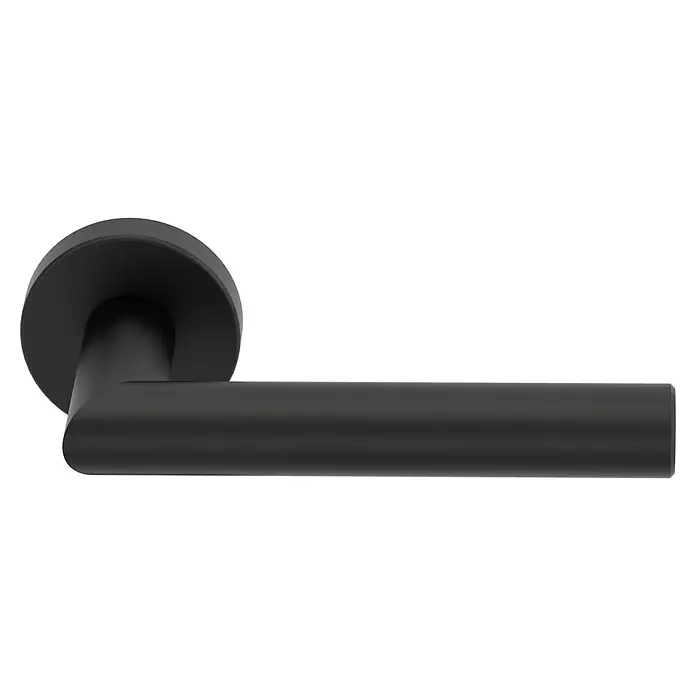 Diamond Doors Modern Zimmertürgarnitur L-Form Premium - Stärke Tür: 38 mm - 45 mm, Edelstahl, L-Form, Schwarz - Nahaufnahme eines modernen, schwarzen Türgriffs, der sich durch sein minimalistisches Design und seine elegante Form auszeichnet.