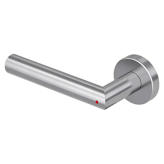 Diamond Doors Zimmertürgarnitur L-Form Premium Smart2Lock links - Stärke Tür: 38 mm - 45 mm, L-Form, Edelstahl matt, DIN Anschlag: Links, Passend für: Türen ohne Schlüssellochbohrung, Türen mit Schlüssellochbohrung benötigen zusätzlich eine Blindrosette - Nahaufnahme eines eleganten Türgriffs aus gebürstetem Metall mit einem kleinen roten Punkt als Designakzent.