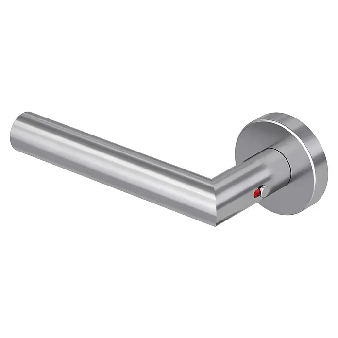 Diamond Doors Zimmertürgarnitur L-Form Premium Smart2Lock links - Stärke Tür: 38 mm - 45 mm, L-Form, Edelstahl matt, DIN Anschlag: Links, Passend für: Türen ohne Schlüssellochbohrung, Türen mit Schlüssellochbohrung benötigen zusätzlich eine Blindrosette - Nahaufnahme eines modernen Türgriffs aus Edelstahl mit einer runden Rosette und einem kleinen roten Anzeigepunkt. Elegantes Design für moderne Innenräume.