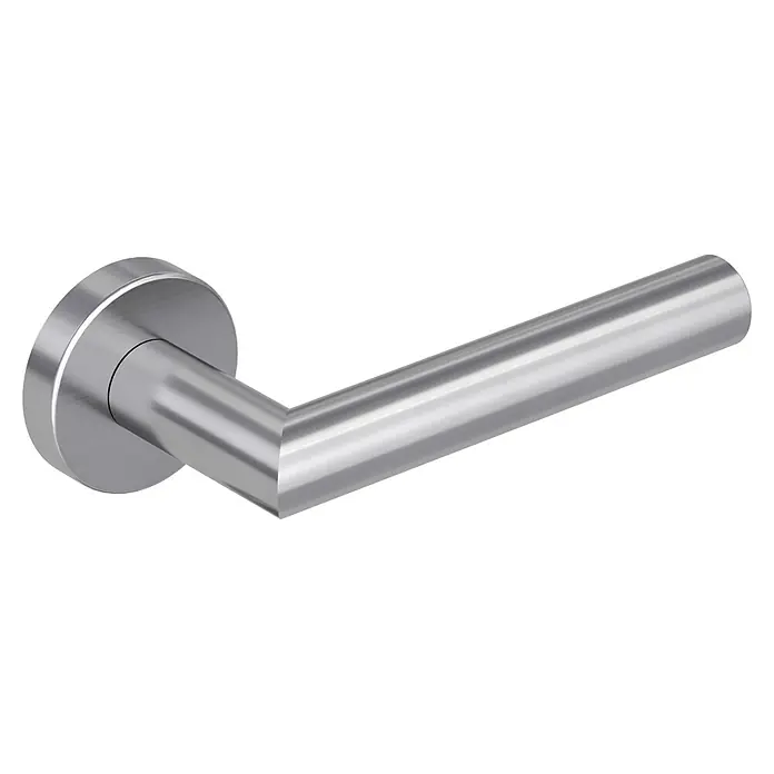 Diamond Doors Modern Zimmertürgarnitur L-Form Premium - Stärke Tür: 38 mm - 45 mm, Edelstahl, L-Form, Edelstahl matt - Elegante Edelstahl-Türgriffgarnitur mit abgerundetem Griff und Rosette, ideal für moderne Inneneinrichtungen. Robuste Bauweise für eine lange Lebensdauer.