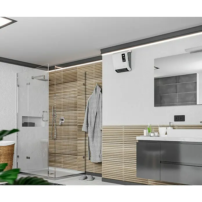 Voltomat HEATING Heizlüfter - 1.000 W - 2.000 W, Weiß, 29,5 x 19 x 31,6 cm, IP22 - Ein modernes Badezimmer mit einem weißen Handtuchwärmer an der Wand, der für warme Handtücher nach dem Duschen sorgt.