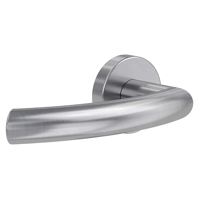Diamond Doors Zimmertürgarnitur Wisconsin Smart2Lock links - Stärke Tür: 38 mm - 45 mm, L-Form, Edelstahl matt, DIN Anschlag: Links, Passend für: Türen ohne Schlüssellochbohrung, Türen mit Schlüssellochbohrung benötigen zusätzlich eine Blindrosette - Nahaufnahme eines Türgriffs aus gebürstetem Stahl. Der Türgriff ist rund und hat eine ergonomische Form.