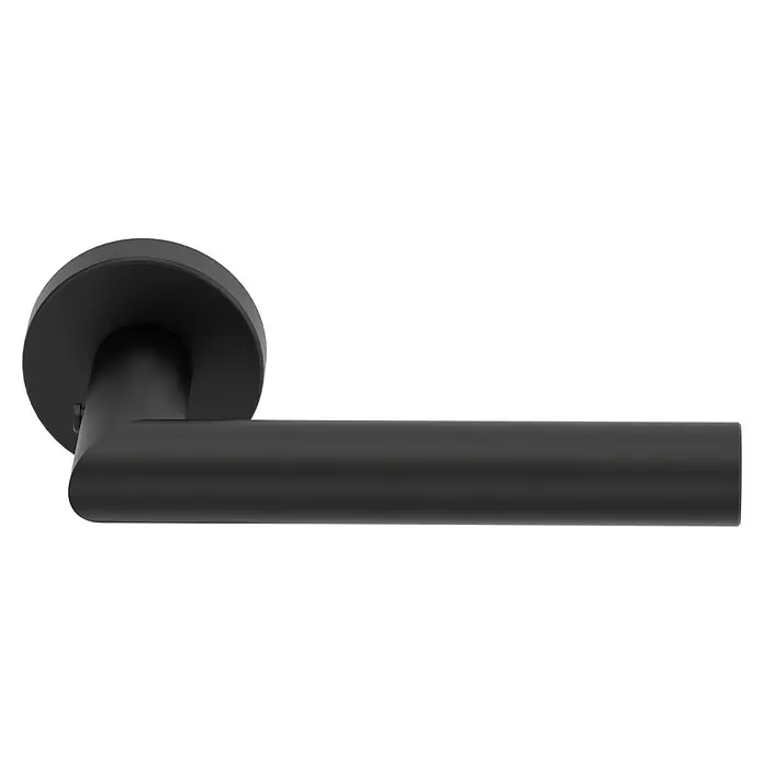 Diamond Doors Zimmertürgarnitur L-Form Premium Smart2Lock rechts - Stärke Tür: 38 mm - 45 mm, L-Form, Schwarz, DIN Anschlag: Rechts, Passend für: Türen ohne Schlüssellochbohrung, Türen mit Schlüssellochbohrung benötigen zusätzlich eine Blindrosette - Nahaufnahme eines mattschwarzen Türgriffs mit rundem Rosettendesign, das moderne Eleganz und Funktionalität für Innentüren bietet.