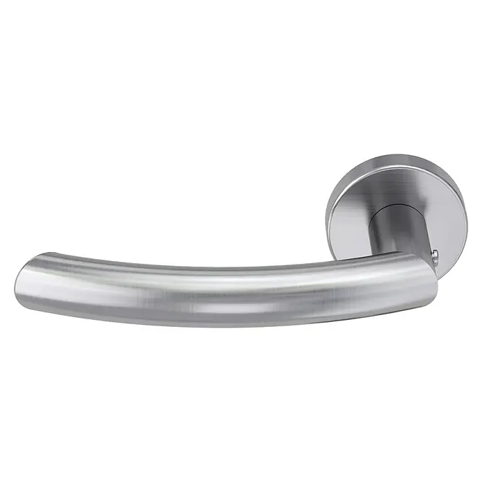 Diamond Doors Zimmertürgarnitur Wisconsin Smart2Lock links - Stärke Tür: 38 mm - 45 mm, L-Form, Edelstahl matt, DIN Anschlag: Links, Passend für: Türen ohne Schlüssellochbohrung, Türen mit Schlüssellochbohrung benötigen zusätzlich eine Blindrosette - Nahaufnahme eines silberfarbenen Türgriffs vor einem schwarzen Hintergrund.