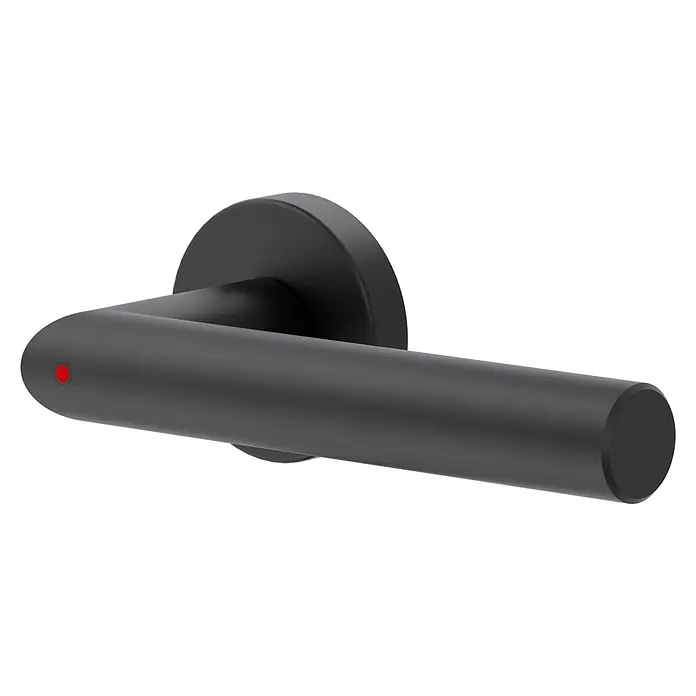 Diamond Doors Zimmertürgarnitur L-Form Premium Smart2Lock rechts - Stärke Tür: 38 mm - 45 mm, L-Form, Schwarz, DIN Anschlag: Rechts, Passend für: Türen ohne Schlüssellochbohrung, Türen mit Schlüssellochbohrung benötigen zusätzlich eine Blindrosette - Schwarzer Türgriff mit rundem Sockel und einem kleinen roten Punkt zur Anzeige, ob die Tür verschlossen ist. Modernes Design.